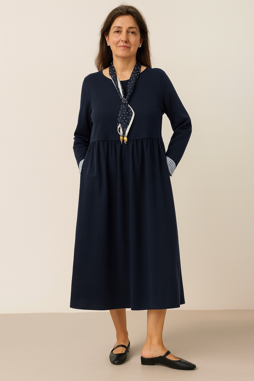 Organic Cotton Patchwork Cuff Crew Neck Casual Maxi Dress SCARLETT