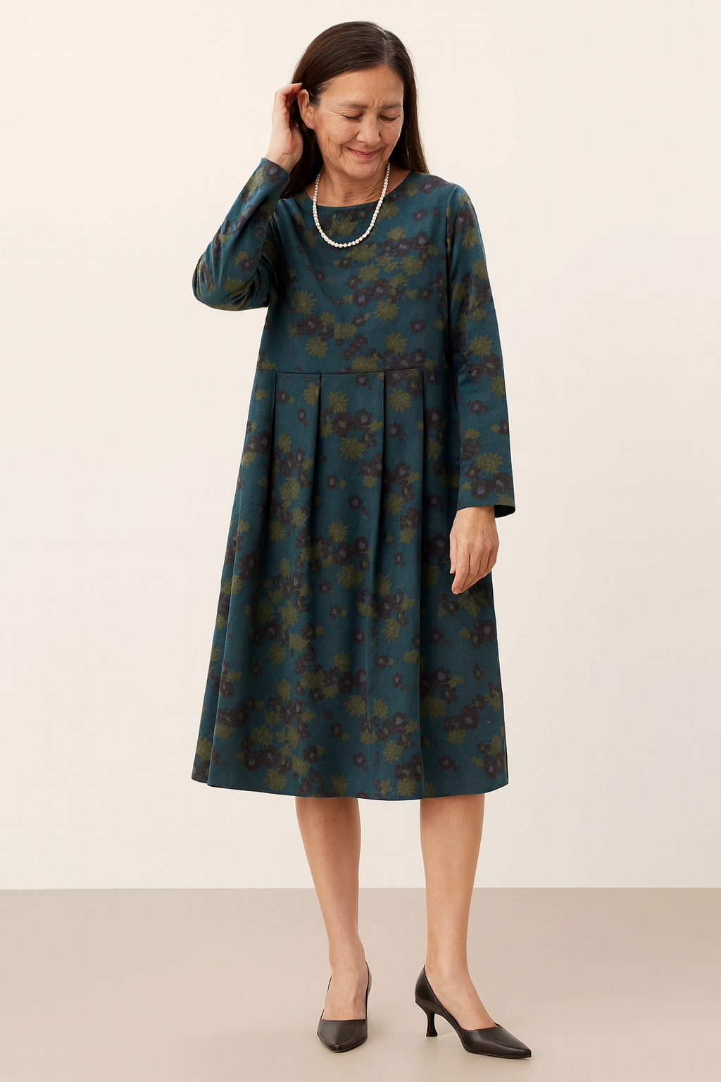 100% Organic Cotton Ruched Print Boat Neck Midi Dress CRESSIDA